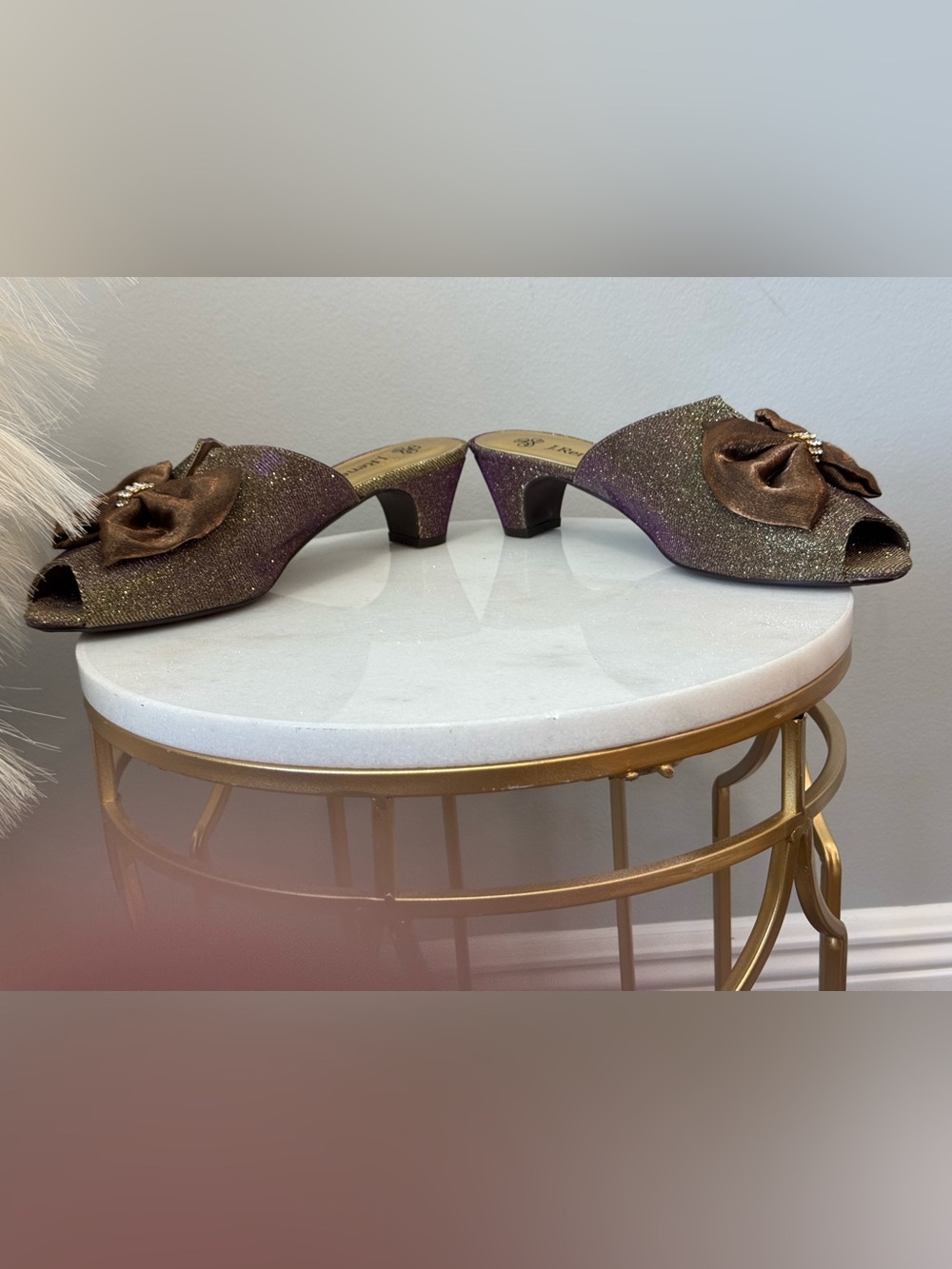 J.Renee Gold Glitter and Purple Hued Bow Peep-Toe Heels - Picture 9 of 12